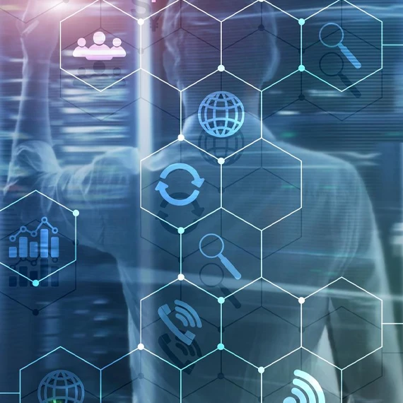 Business man with tech icon overlay